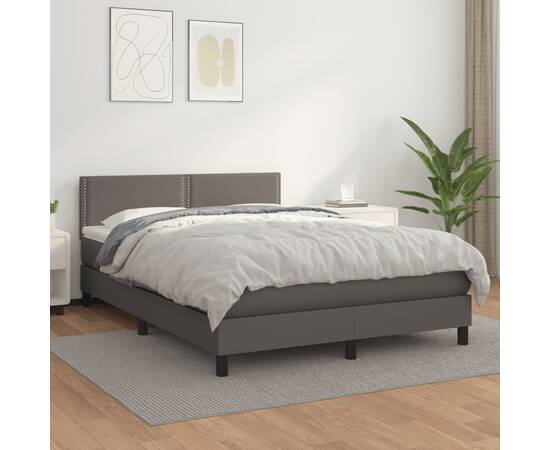 Pat box spring cu saltea, gri, 140x190 cm, piele ecologică