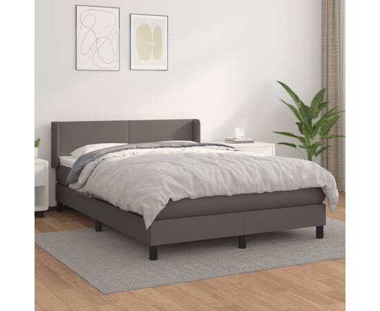 Pat box spring cu saltea, gri, 140x190 cm, piele ecologică