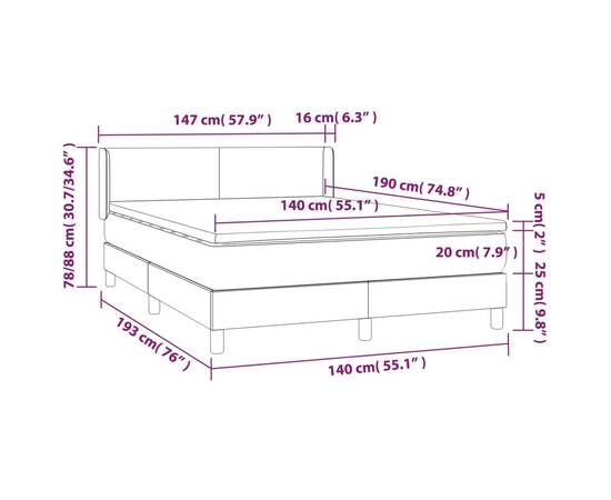 Pat box spring cu saltea, gri, 140x190 cm, piele ecologică, 7 image