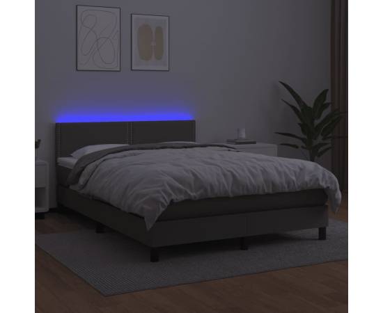 Pat cu arcuri, cu saltea & led, gri, 140x190 cm, piele eco, 4 image