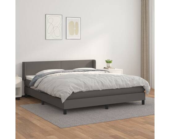 Pat box spring cu saltea, gri, 160x200 cm, piele ecologică