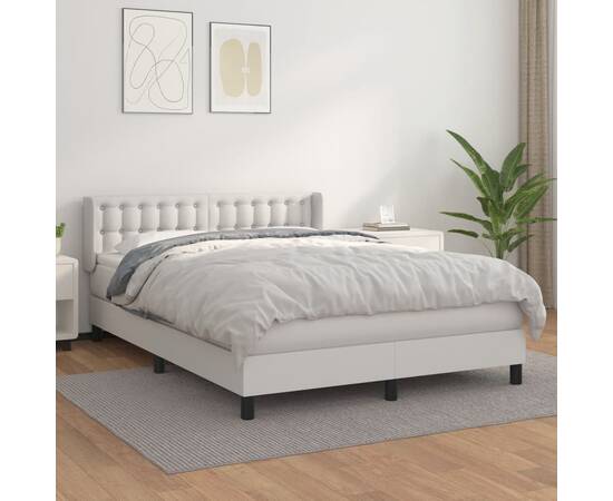 Pat box spring cu saltea, alb, 140x200 cm, piele ecologică