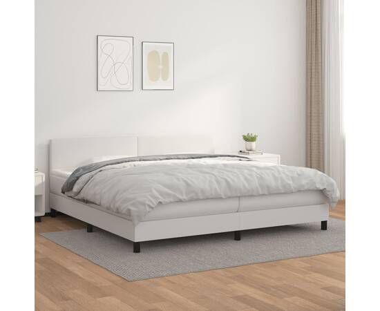 Pat box spring cu saltea, alb, 200x200 cm, piele ecologică