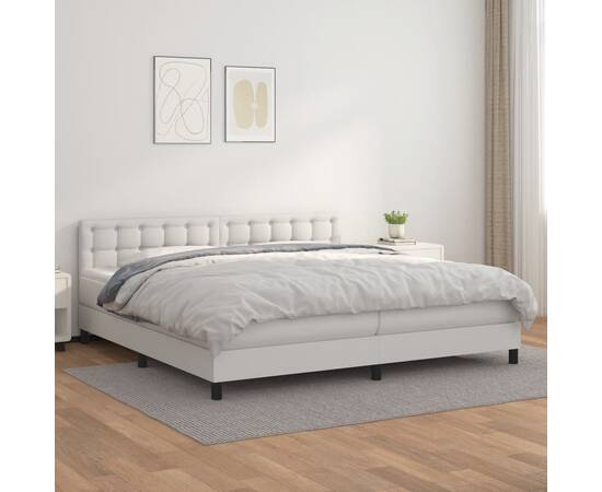 Pat box spring cu saltea, alb, 200x200 cm, piele ecologică