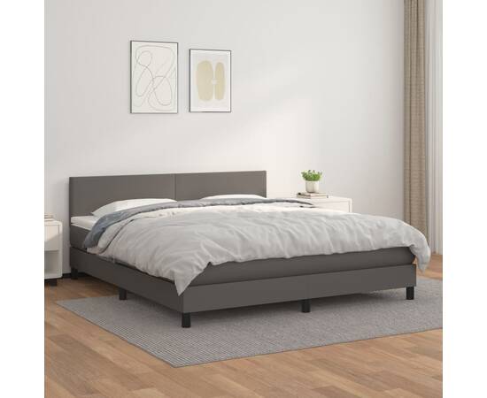 Pat box spring cu saltea, gri, 160x200 cm, piele ecologică