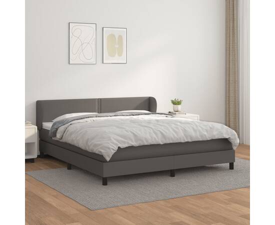 Pat box spring cu saltea, gri, 160x200 cm, piele ecologică