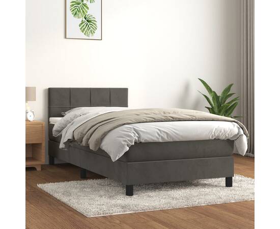 Pat box spring cu saltea, gri închis, 90x200 cm, catifea