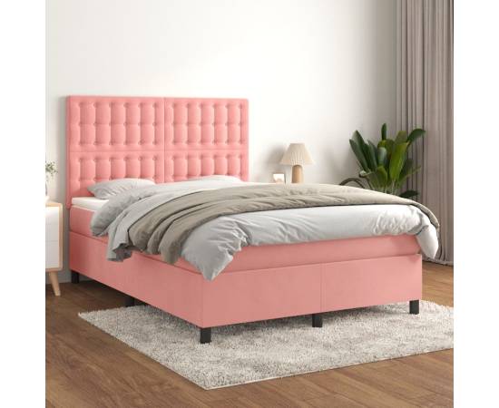 Pat box spring cu saltea, roz, 140x190 cm, catifea