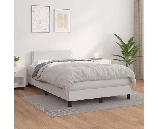 Pat box spring cu saltea, alb, 120x200 cm, piele ecologică