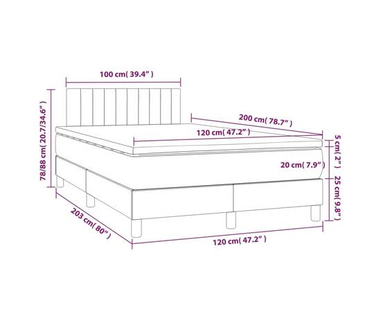 Pat box spring cu saltea, gri închis, 120x200 cm, catifea, 7 image