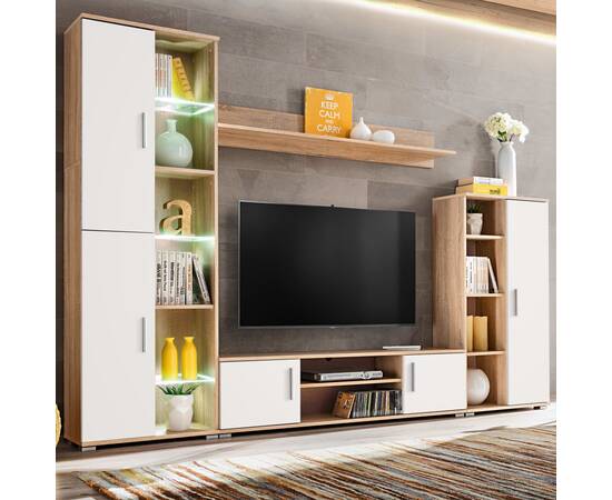 Mobilier sufragerie spațiu tv, lumini led, stejar sonoma și alb