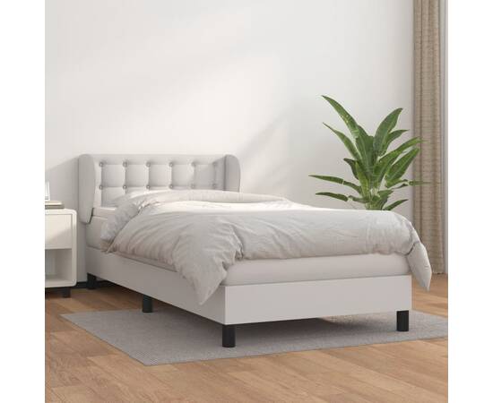 Pat box spring cu saltea, alb, 90x200 cm, piele ecologică