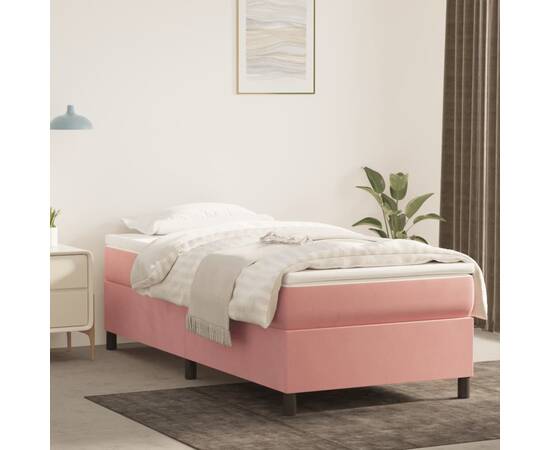 Pat box spring cu saltea, roz, 90x200 cm, catifea