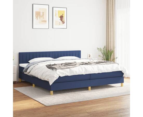 Pat box spring cu saltea, albastru, 200x200 cm, textil