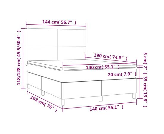 Pat box spring cu saltea, gri închis, 140x190 cm, textil, 6 image