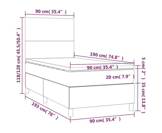 Pat box spring cu saltea, maro închis, 90x190 cm, textil, 6 image