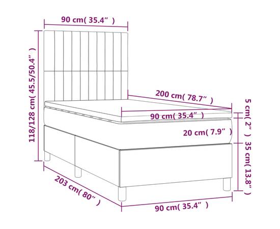 Pat box spring cu saltea, gri deschis, 90x200 cm, textil, 6 image