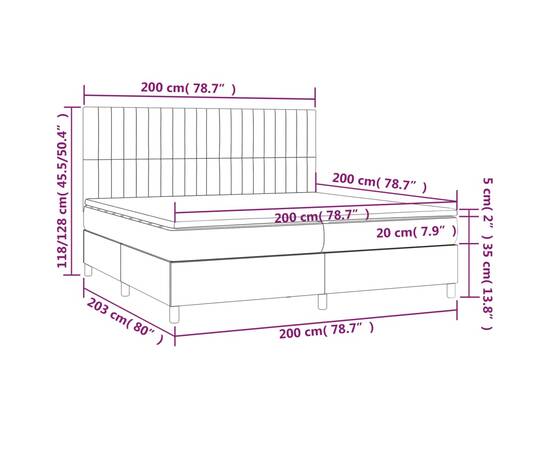 Pat box spring cu saltea, gri deschis, 200x200 cm, textil, 6 image