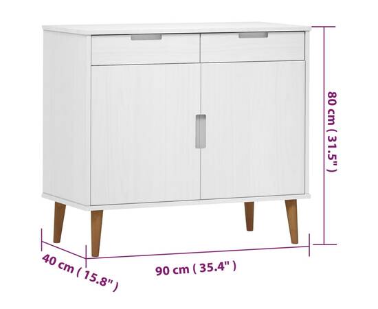Servantă, alb, 90x40x80 cm, din lemn masiv de pin, 8 image