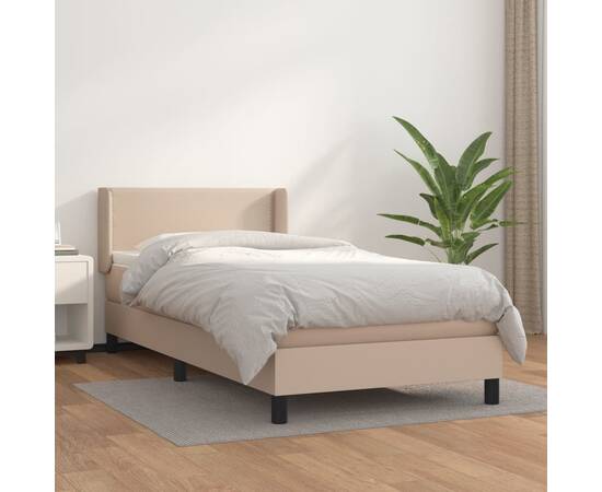 Pat box spring cu saltea, cappuccino, 80x200 cm piele ecologică