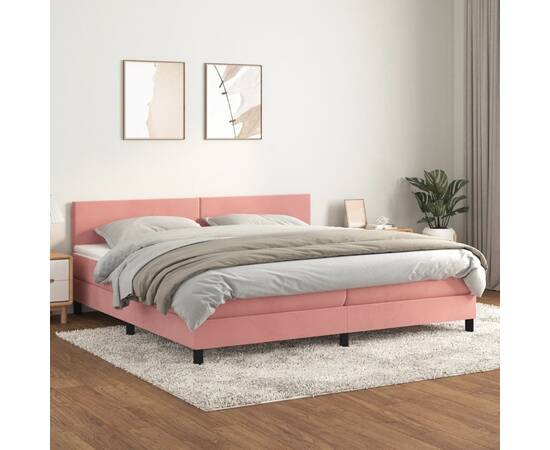 Pat box spring cu saltea, roz, 200x200 cm, catifea