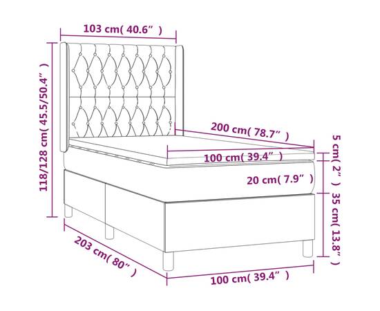 Pat cu arcuri, saltea și led, gri închis, 100x200 cm, textil, 8 image