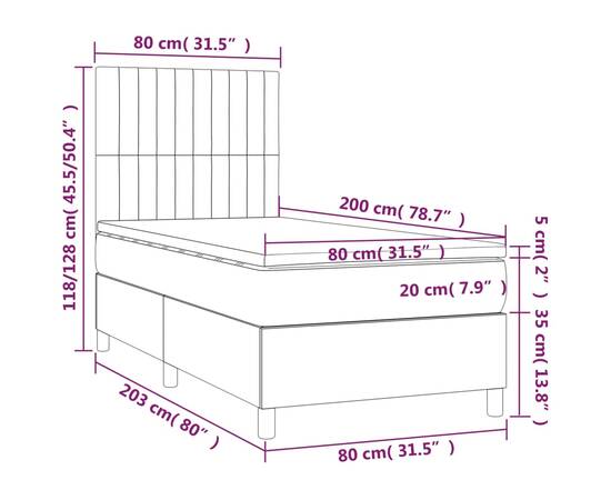 Pat box spring cu saltea, gri deschis, 80x200 cm, catifea, 6 image