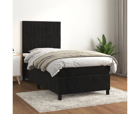 Pat box spring cu saltea, negru, 80x200 cm, catifea