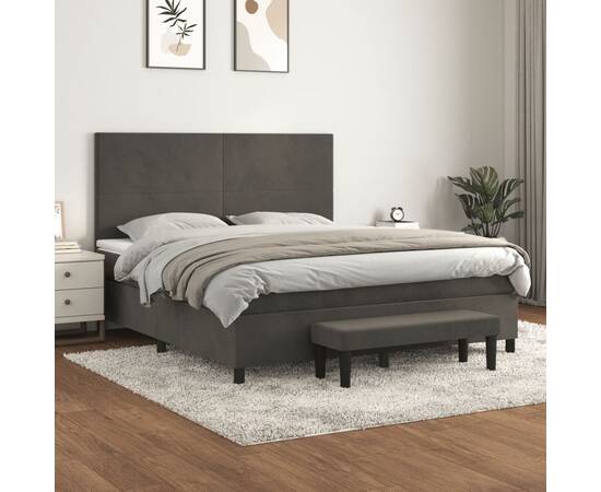 Pat box spring cu saltea, gri închis, 160x200 cm, catifea