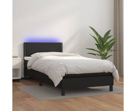 Pat continental cu saltea & led, negru, 80x200 cm, piele eco