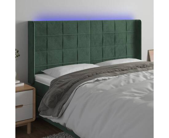 Tăblie de pat cu led, verde închis, 203x16x118/128 cm, catifea