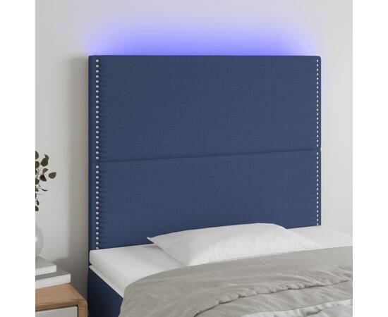 Tăblie de pat cu led, albastru, 80x5x118/128 cm, textil