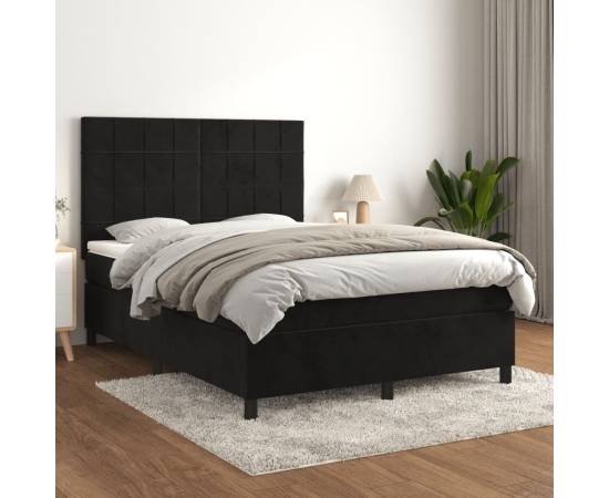 Pat box spring cu saltea, negru, 140x190 cm, catifea