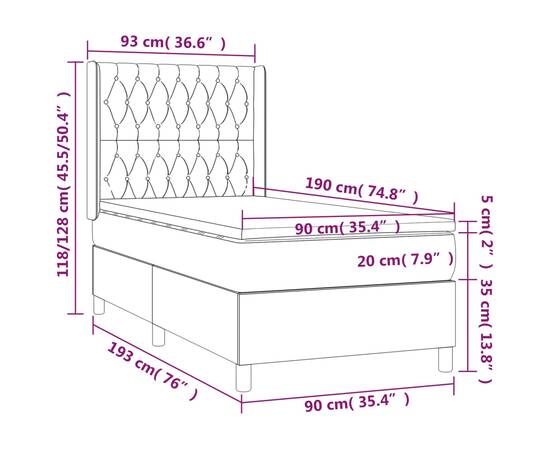 Pat cu arcuri, saltea și led, maro închis, 90x190 cm, textil, 8 image