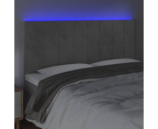 Tăblie de pat cu led, gri deschis, 200x5x118/128 cm, catifea, 3 image