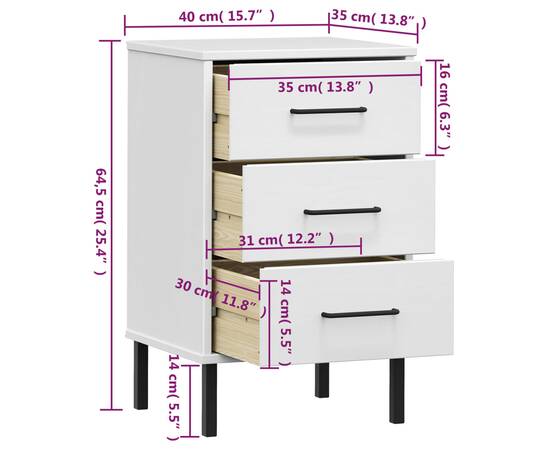 Noptieră cu picioare metalice „oslo”, alb, lemn masiv pin, 8 image