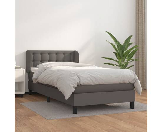 Pat box spring cu saltea, gri, 90x190 cm, piele ecologică