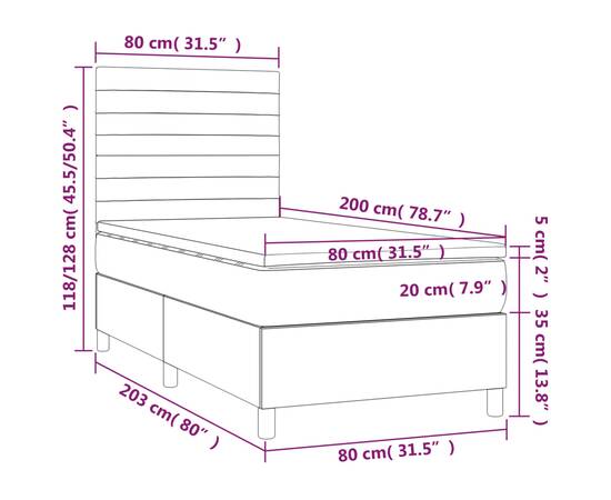 Pat continental cu saltea & led, gri deschis, 80x200 cm catifea, 8 image