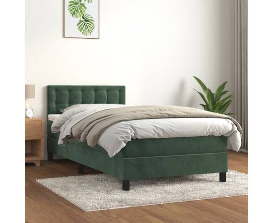 Pat box spring cu saltea, verde închis, 90x200 cm, catifea