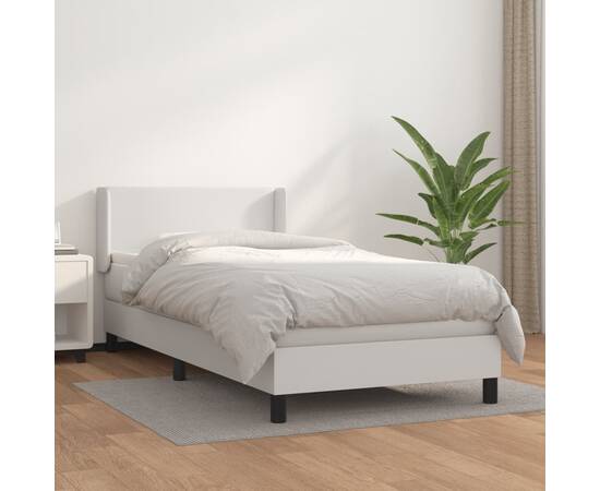 Pat box spring cu saltea, alb, 90x190 cm, piele ecologică