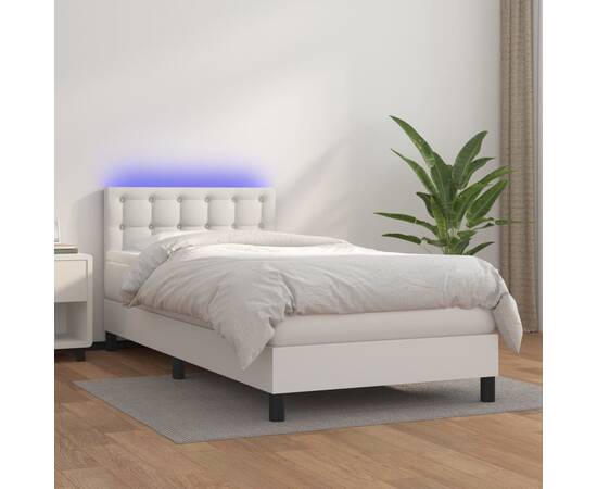 Pat cu arcuri, cu saltea & led, alb, 90x190 cm, piele ecologică