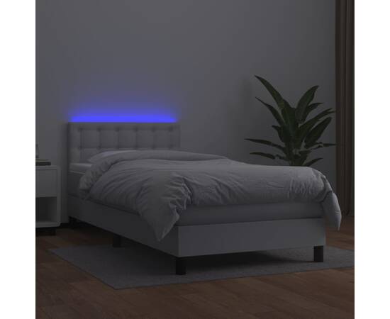 Pat cu arcuri, cu saltea & led, alb, 90x190 cm, piele ecologică, 4 image