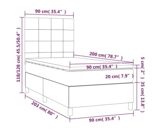 Pat box spring cu saltea, gri închis, 90x200 cm, textil, 6 image