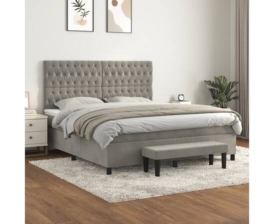 Pat box spring cu saltea, gri deschis, 180x200 cm, catifea