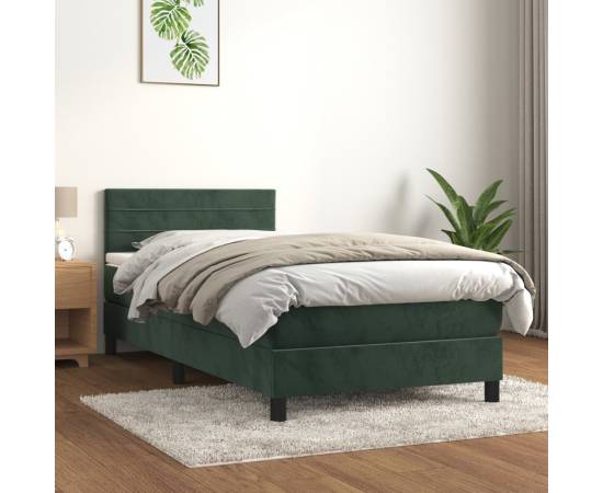 Pat box spring cu saltea, verde închis, 90x200 cm, catifea