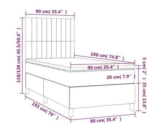 Pat box spring cu saltea, gri deschis, 90x190 cm, catifea, 6 image