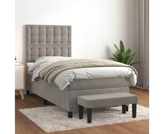 Pat box spring cu saltea, gri deschis, 90x190 cm, catifea