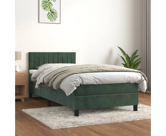 Pat box spring cu saltea, verde închis, 100x200 cm, catifea