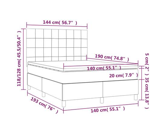 Pat box spring cu saltea, gri închis, 140x190 cm, textil, 6 image