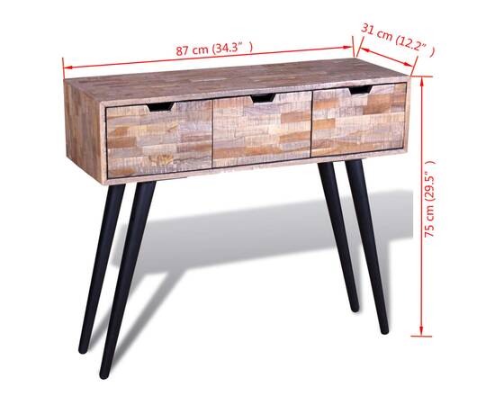 Masă consolă cu 3 sertare, lemn de tec reciclat, 9 image